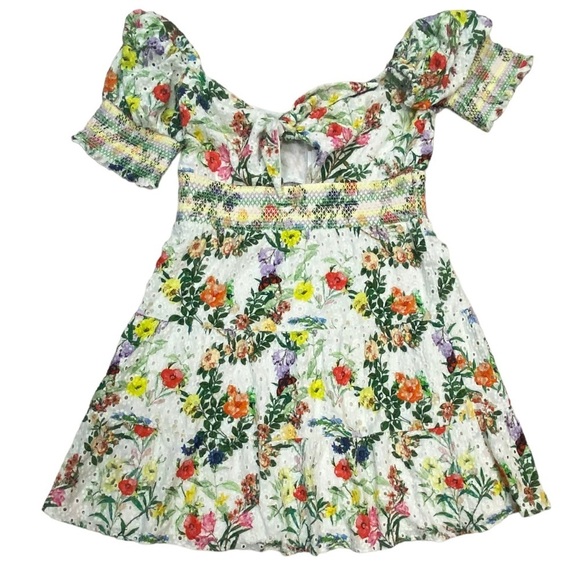 NWT Alice + Olivia Kristie Floral Print Puff Sleeve Dress Green White Multi 6 - Picture 2 of 8